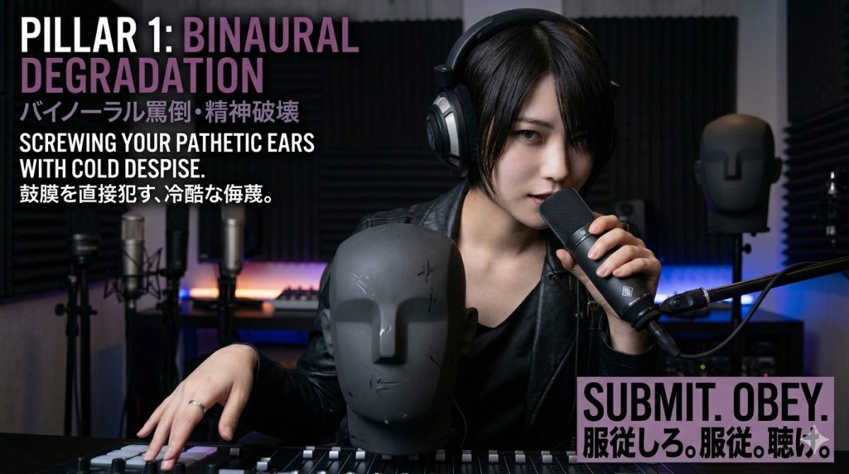 Femdom ASMR artist Kurumi whispers coldly into a 3Dio binaural dummy head microphone. An eye-catch image for the Pillar Page 1, exploring the abyss of Binaural Degradation and Auditory Humiliation.