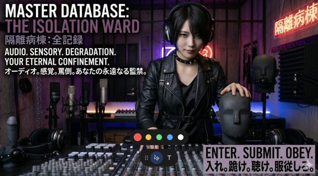 ドS女王くるみが支配する「隔離病棟」のマスターデータベース。スタジオと拷問部屋を融合させた環境で、ミキサーや3Dioマイクを掌握。全音声カテゴリー（罵倒、感覚支配、去勢）の全記録を統括するピラーページのアイキャッチ。 The Master Database eye-catch image for "The Isolation Ward," overseen by Domme Kurumi. Kurumi is featured in an industrial-style studio/dungeon with a large mixing console, 3Dio mic, and other audio gear. It represents the central hub for all ASMR, degradation, sensory domination, and emasculation audio categories.